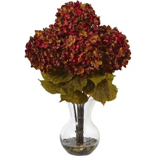 

18in. Hydrangea Flower Artificial Arrangement with Glass Vase, Rust Wedding Party Vase Home Autumn Decoration Fake Flower