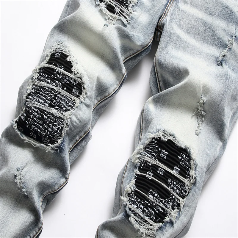 Men's Clothing Vintage Light Blue Holes Ripped Biker Jeans Motorcycle Casual Pleated Torn Stretch Denim Slim Pants Trousers Men