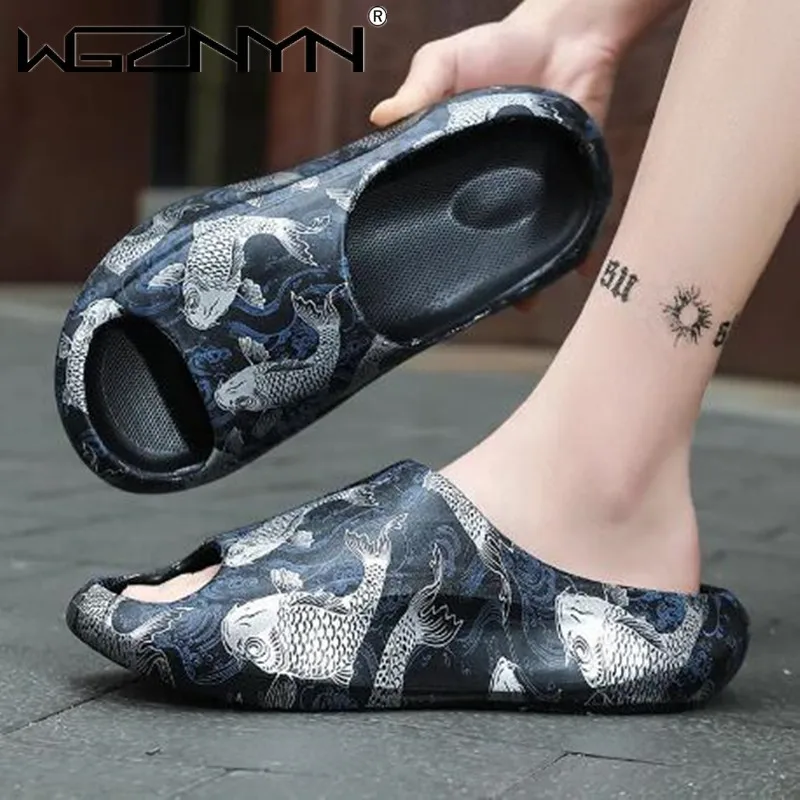 

Шлепанцы унисекс с рисунком рыбы, летняя обувь для дома, толстые дизайнерские сандалии на платформе, с мультяшным принтом для мужчин и женщин