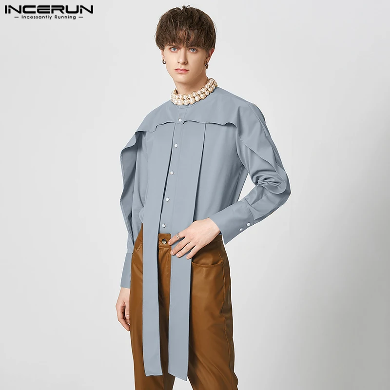 

Casual Simple Style Tops INCERUN Handsome Mens Ruffled Ribbon Design Shirts Fashionable Male Solid Comfortable Blouse S-5XL 2023