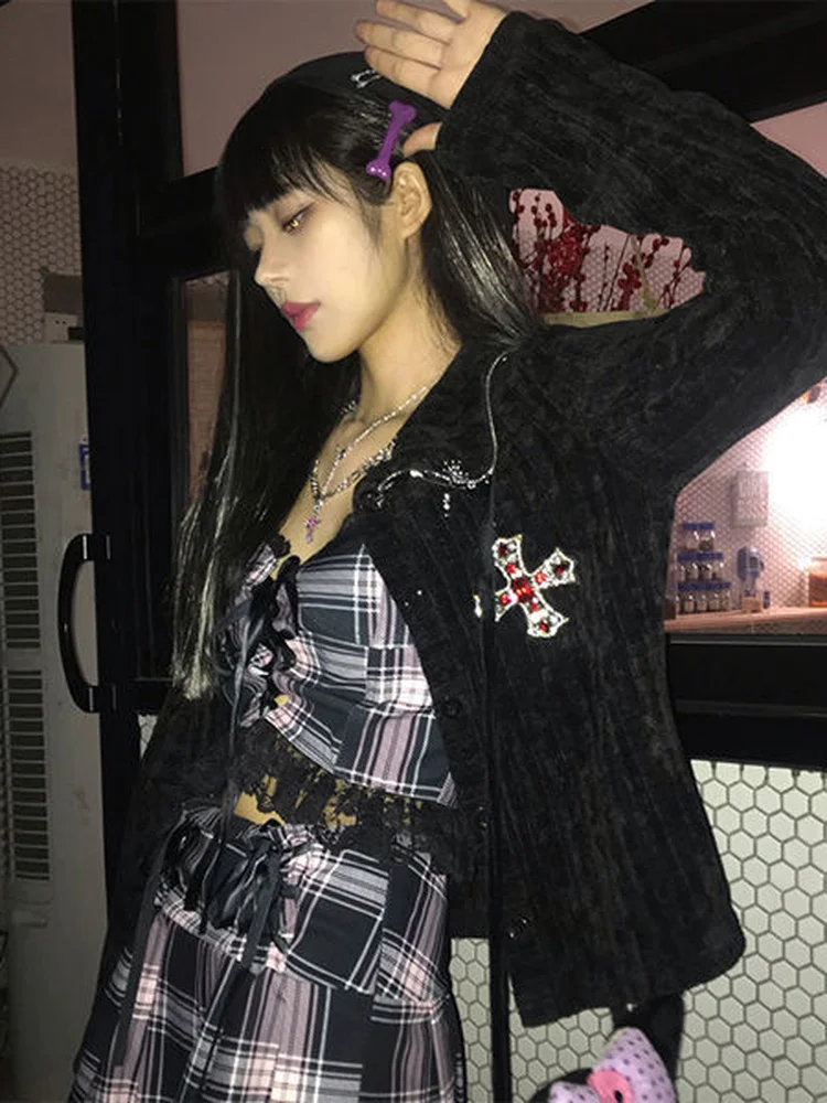 Куртка kosmechki женская в готическом стиле стразы Y2k весна-осень черная укороченная -