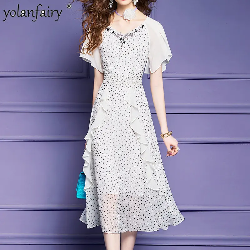 Summer Clothing for Women Clothing Women's Dress Sweet Printed Ruffle Edge V-Neck White Long Dresses Georgette Beaded FCY4138