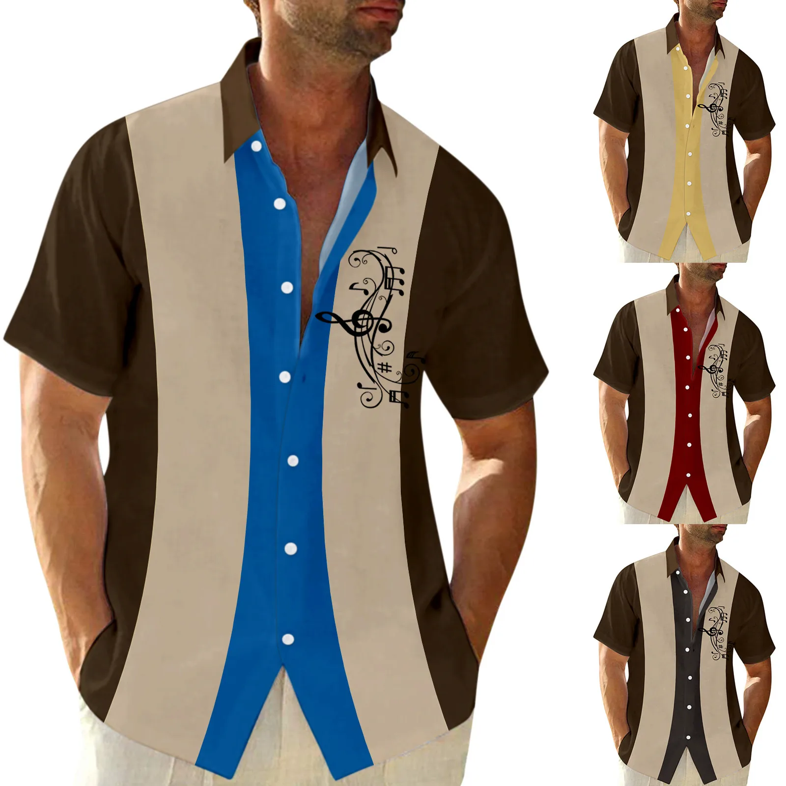 

Male Summer Casual Music Theme Print Shirt Short Sleeve Turn Down Collar Shirt Dragon Dress Shirts Men