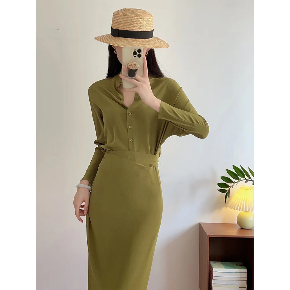 

2023 summer new temperament dark green noble wrapped around laced splicing shirt dress female