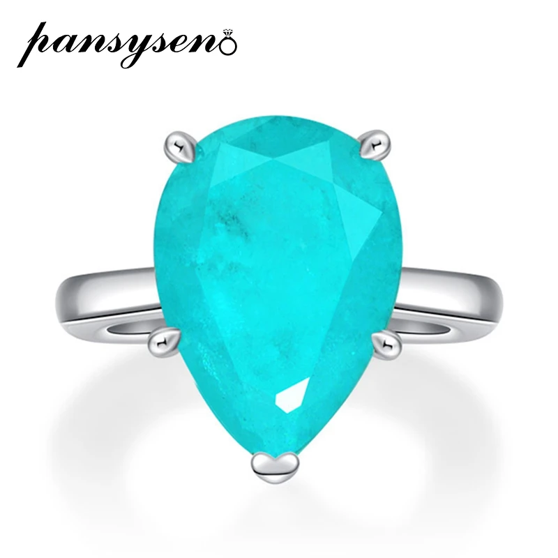

PANSYSEN Solid 925 Sterling Silver Pear Cut 10x14MM Paraiba Tourmaline Gemstone Wedding Engagement Rings Women Fine Jewelry Ring