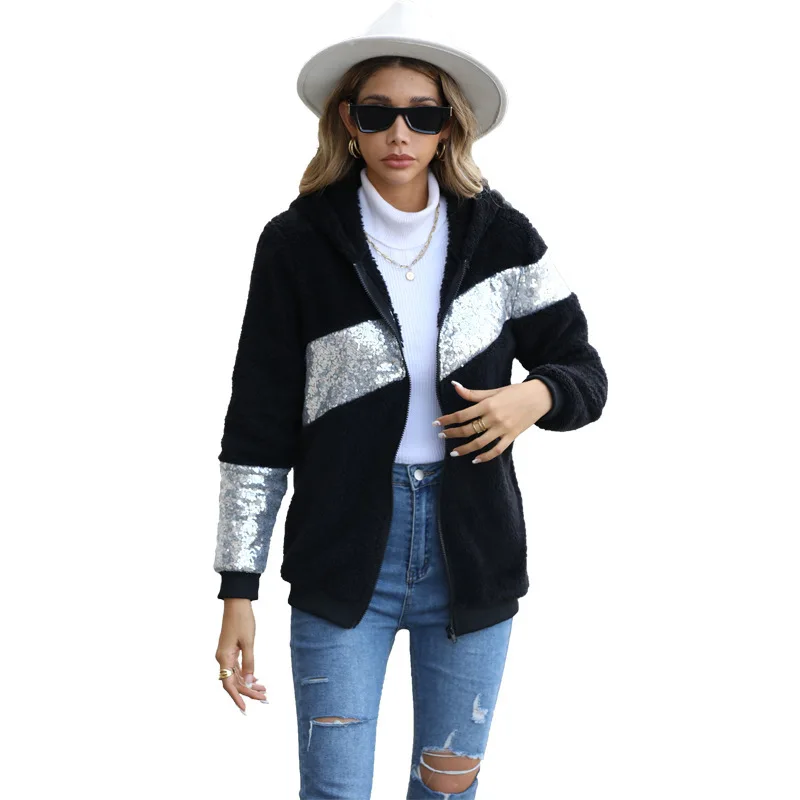 Sequined Double Sided Velvet Splice Hooded Zipper Women's Jacket  Black Hooded Basic  Fur Coat Women Casacos De Inverno