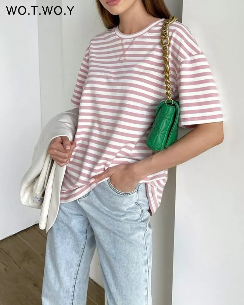 

WOTWOY Summer Short Sleeve Striped T-Shirts Women Knitted Basic Casual Tops Female Cozy Loose Cotton Tees 2022 Harajuku Shirt