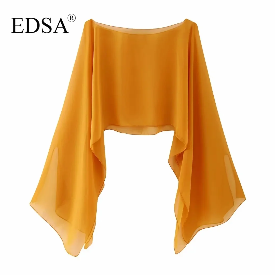EDSA Women Elegant Chiffon Semi-Sheer Cape 2023 Summer Wide Neckline Asymmetric Long Sleeves Outerwear for Holiday Coat images - 6