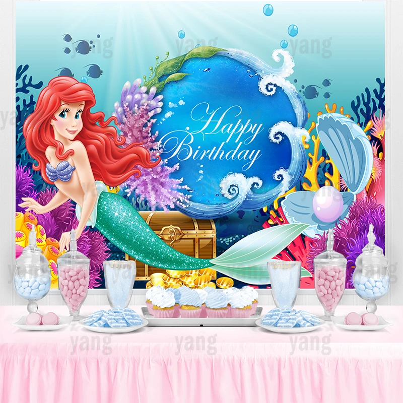 

Disney Little Mermaid Ariel Princess Pearl Wedding Castle Bubble Undersea Backdrop Girls Birthday Party Baby Shower Banner