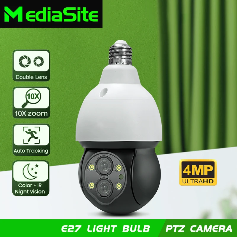 

MediaSite 4MP двойной объектив 10X зум PTZ IP-камера WiFi Безопасность видеонаблюдения E27 лампочка камера APP:IPC360