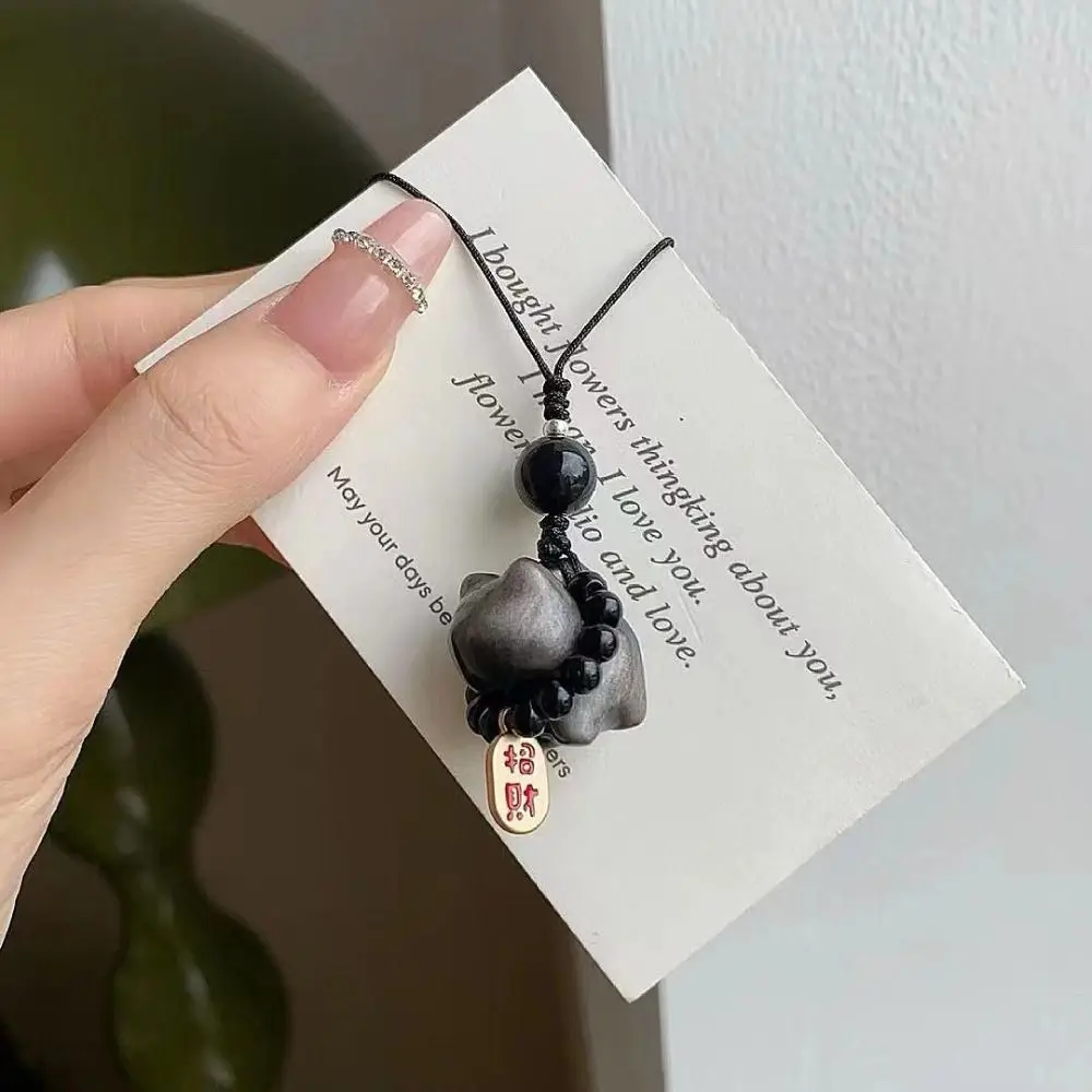 Серебряный обсидианный кот брелок для ключей на удачу сумка подвески плетение