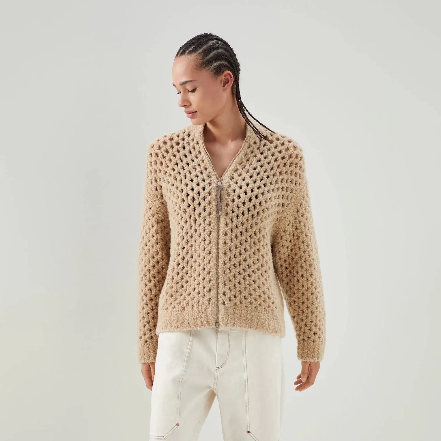 

2023 Autumn and Winter Cardigan Women'sSolid Color Hollow Diamond Crochet Knitted Sweater Oversize Knit Zipper Cardigan Jacket