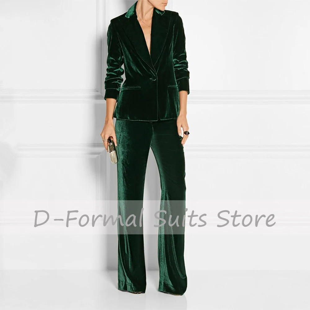 Women Formal Slim Fit  Business 2 Pieces Suit One Button Dark Green Velvet Office Ladies Fashion Stylish Suits Jacket Pants Set