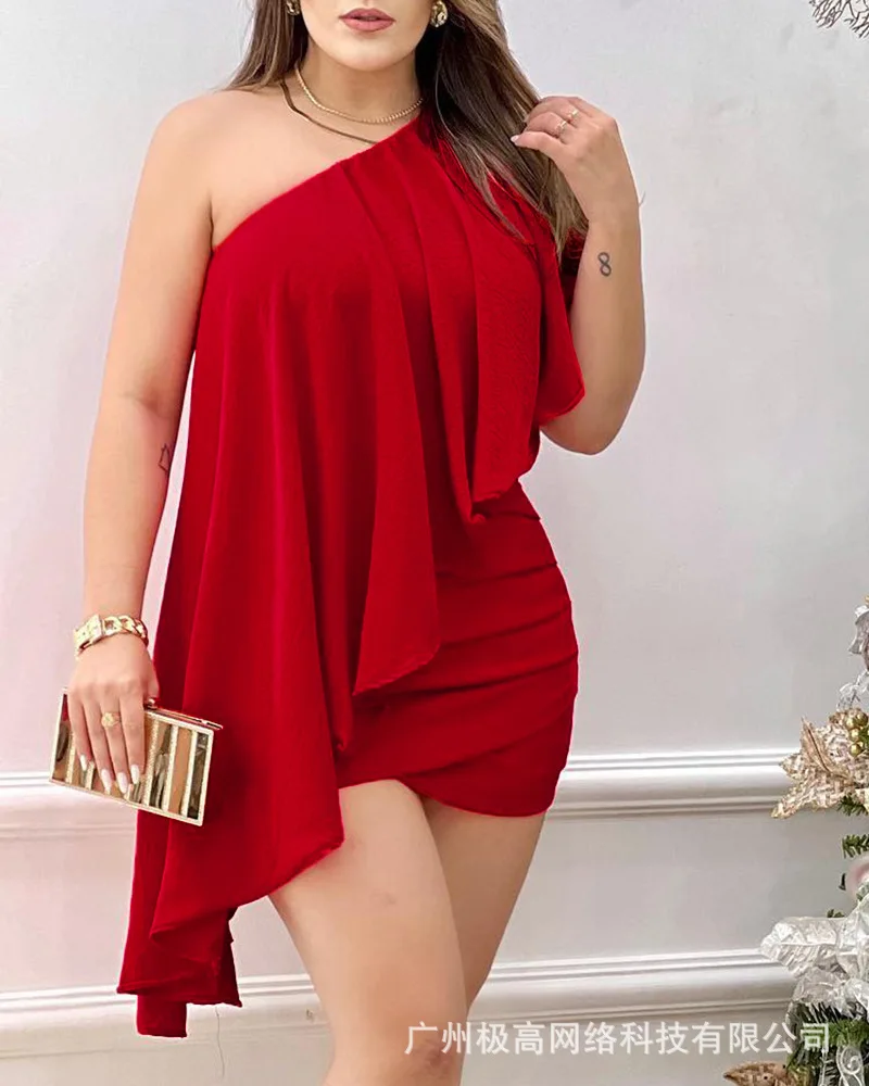 One Shoulder Ruched Asymmetrical Party Dress Women High Waist Sexy Slim Solid Color Mini Dress Ruffles