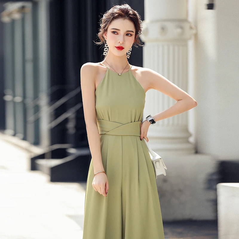 Summer Elegant Halter Solid Jumpsuit Women Outfit Bandage High Waist Orange Rompers Koren Clothes Female Playsuits Lady Overalls
