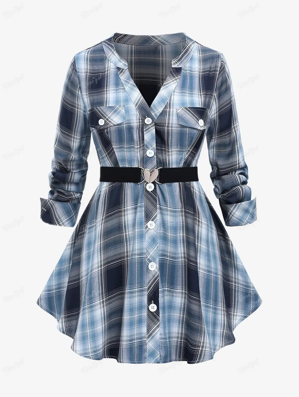 

ROSEGAL Plus Size Plaid Printed Button Blouse With Heart Buckle Belt Women's Casual V-Neck Pocket T-Shirt Cotton Tops