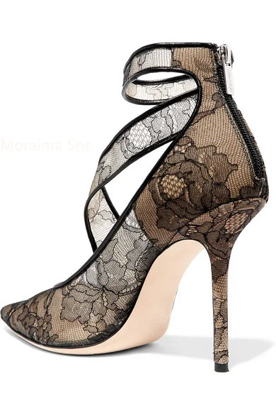 Women Pumps 2023 New Black Lace Strap High Heels Fashion Women's Shoes Pointed Toe Stiletto Luxury Noble Banquet Party Shoes