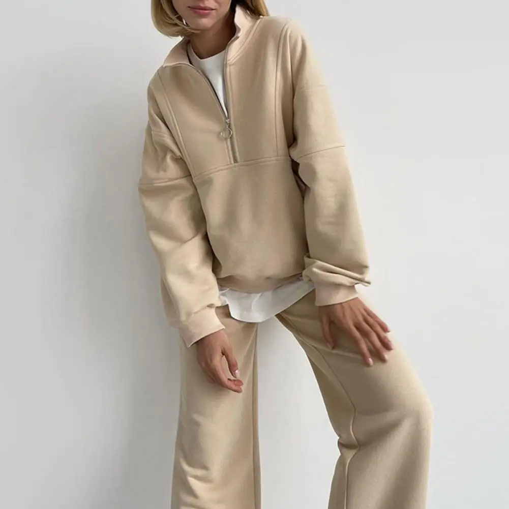 

2 Pcs/Set Sweatshirt Pants Set Casual Pullover Long Sleeves Warm Half Zipper Elastic Waist Women Top Trousers Suit for Daily