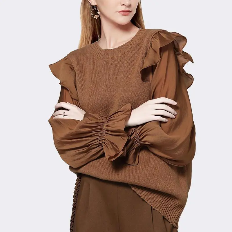 

Women's Fashion Knit Pullover T-shirt Spliced Large Size Women's Fake Two Sweaters Women's 2022 Spring New Flounces Knit Top