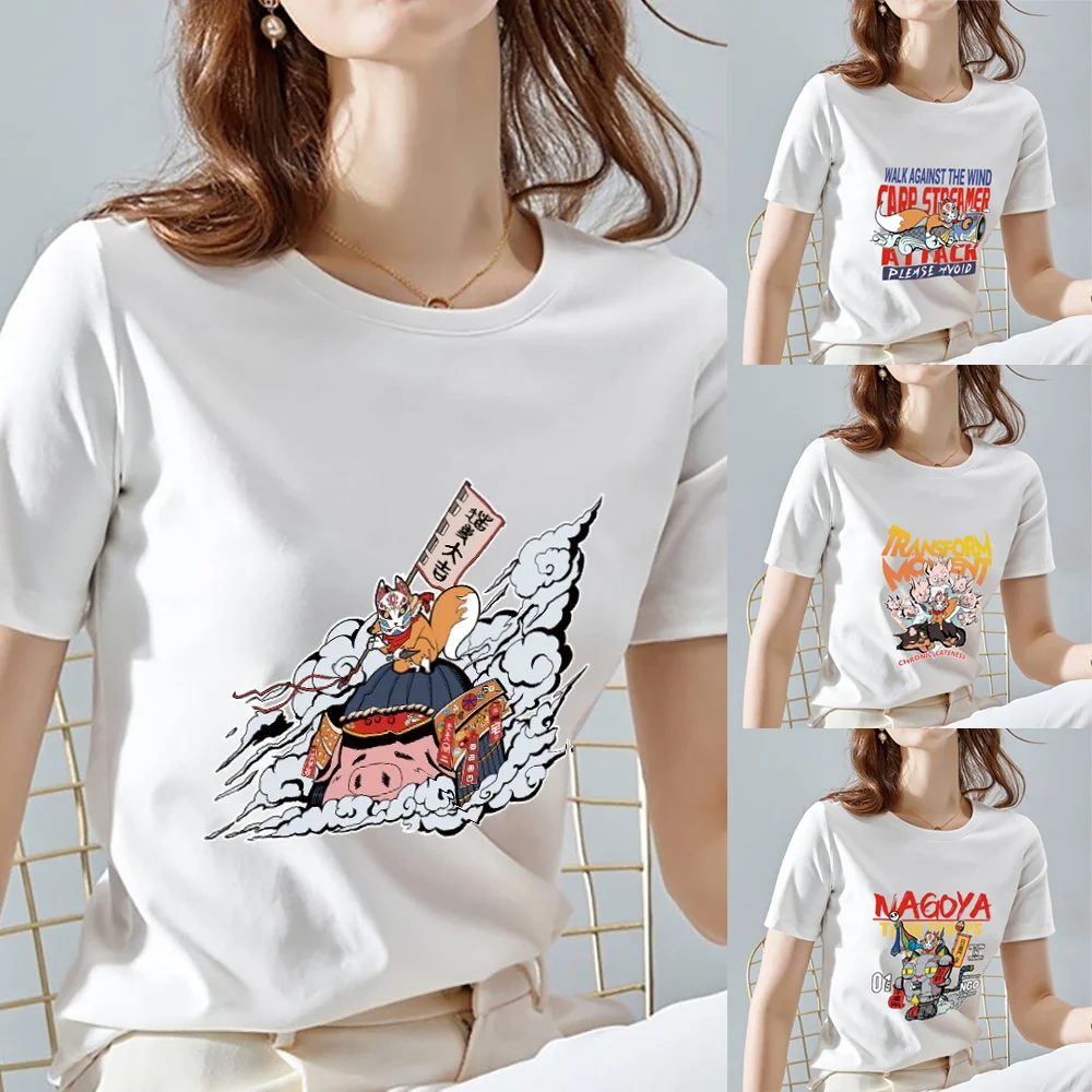 Женская футболка в стиле Харадзюку белая с круглым вырезом и принтом маски