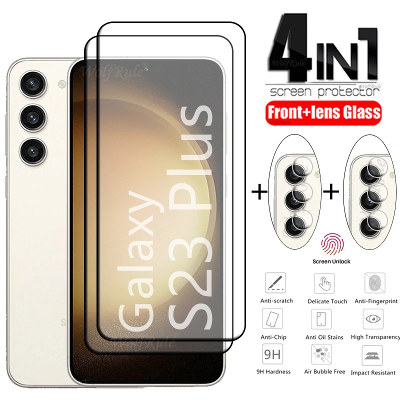 

4-in-1 For Samsung Galaxy S23 Plus Glass For Samsung S23 Plus 9H Full Glue Tempered Glass For Samsung S21 S22 S23 Plus Len Glass