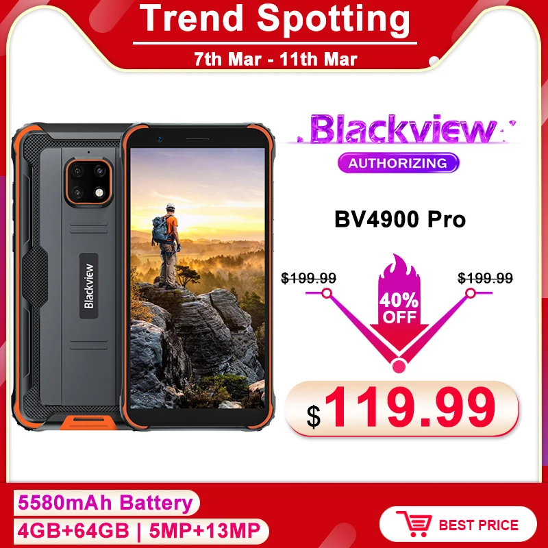

Blackview BV4900 Pro 4GB+64GB 5.7" IP68 Waterproof Rugged SmartPhone Octa Core Android 10 5580mAh NFC 4G Mobile Phone