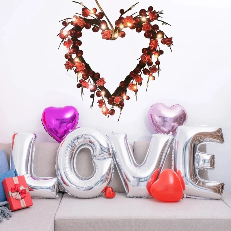 

20 Led Lights Illuminated Valentine Heart-Shaped Love Red Rose Decoration Wreath Christmas Door Hanging Wall Decoration