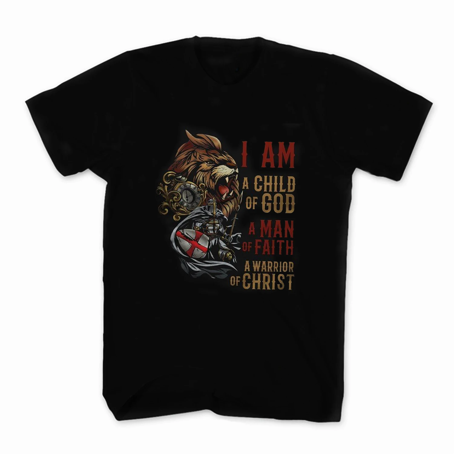 

Crusaders Lion A Child of God A Man of Faith A Warrior of Christ T-Shirt New 100% Cotton Short Sleeve Casual O-Neck Mens T-shirt