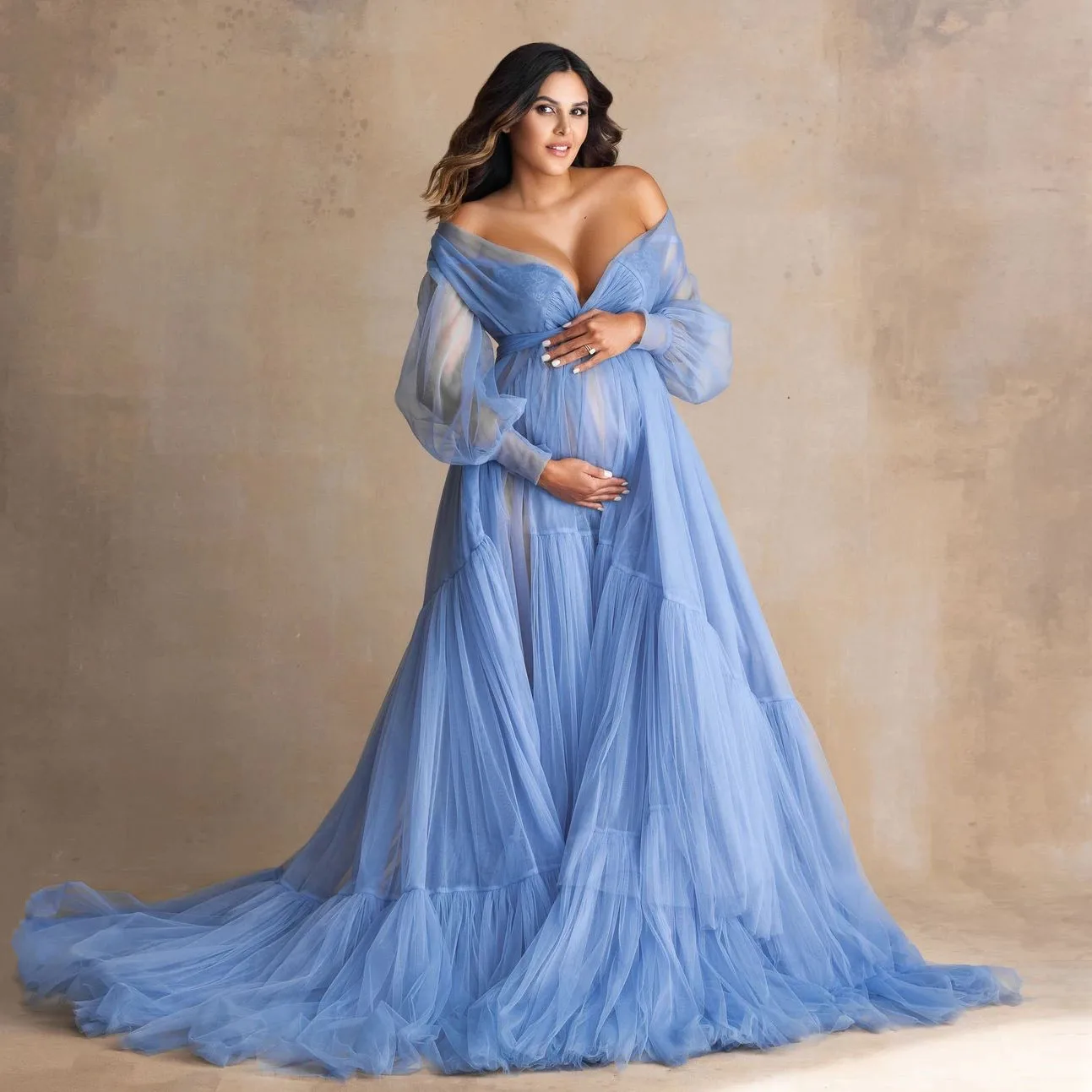 

Gorgeous Ruffle Tulle Maternity Dress V Neck Off The Shoulder Pregnant Gown Custom Made For Photoshoot Or Babyshower
