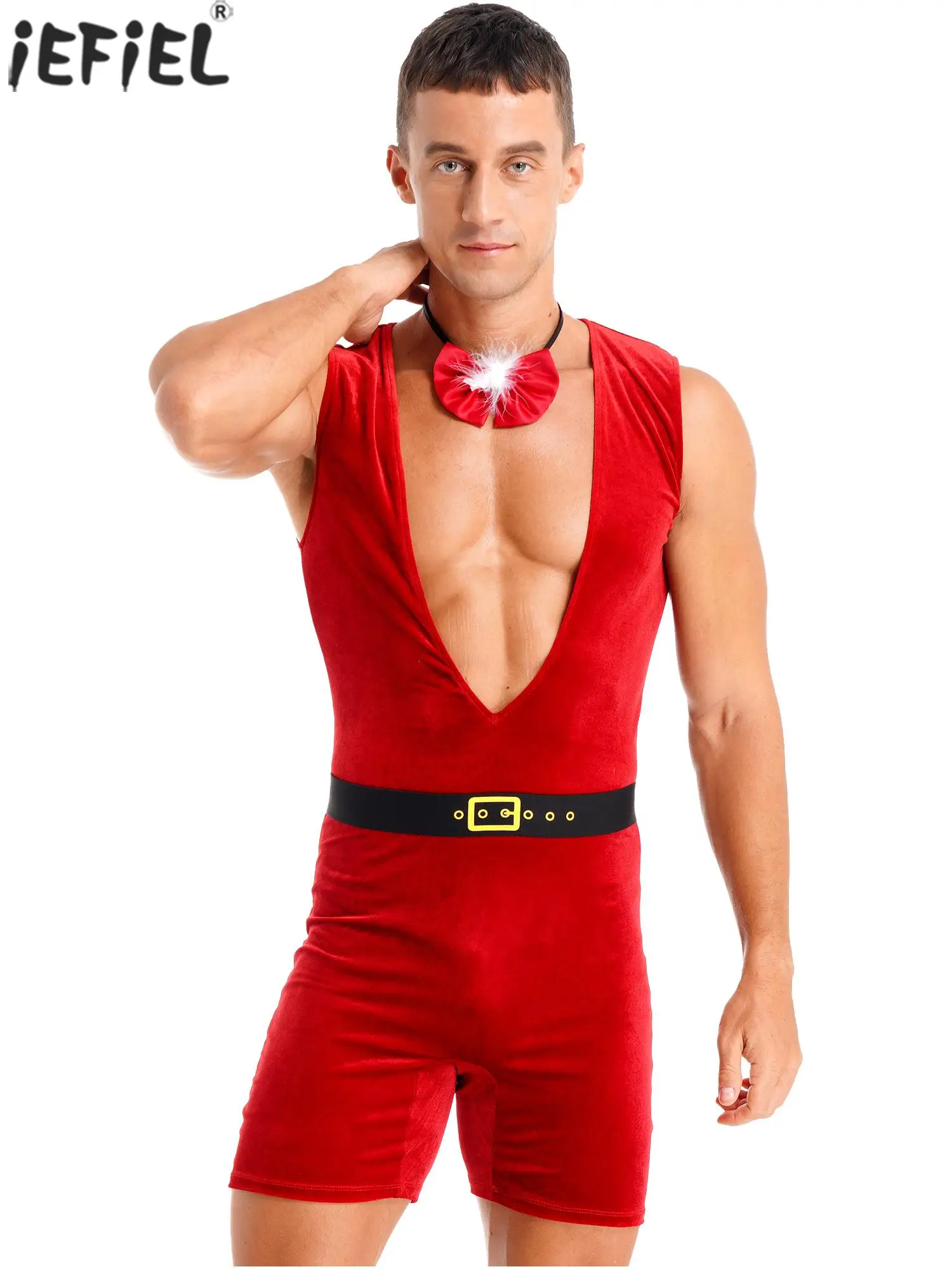 

Mens Christmas Party Costume Sexy jumpsuit Deep V Neck Sleeveless Velvet Bodysuit Jumpsuit With Belt Feather Trim Bowtie