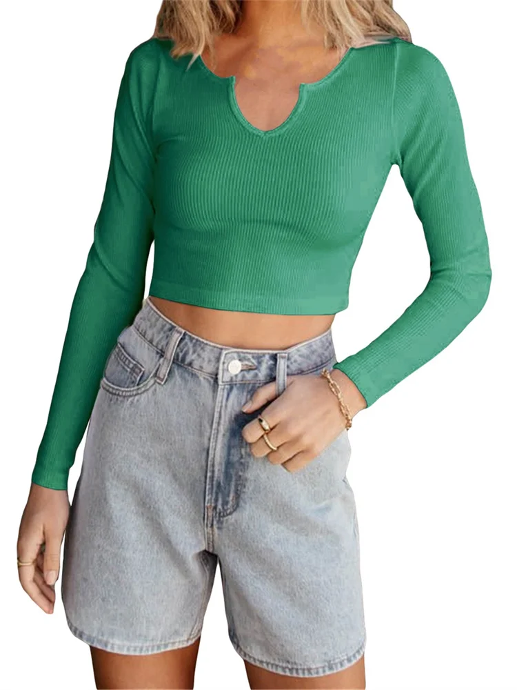 

CHRONSTYLE Women V-neck Ribbed T-shirts Crop Tops Long Sleeve V Neck Solid Color Casual Slim Fit Basic Tees Shirts Clubwear 2023