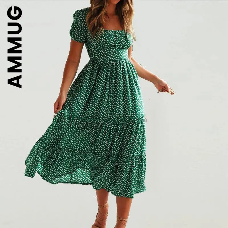 

Ammug Dress Women New Slim Party Dresses Square collar floral maxi long dress Holiday Leisure Vestidos Women Clothing Female