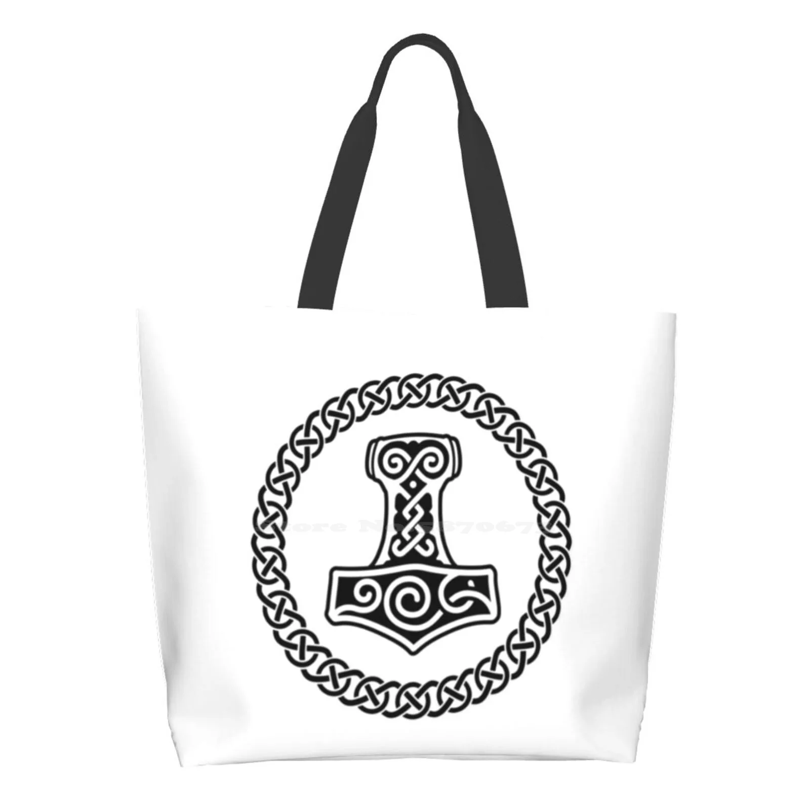 

Norse Thors Hammer Mjolnir Viking Knotwork Black Reusable Shopping Bag Tote Large Size Viking Norse Pagan Vikings Mythology