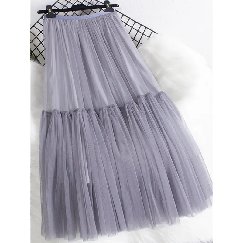 

Pleated Mesh Mid-length Yarn Skirt For Women Elastic Waist Layers Solid Color Female Elegant Clothing Autumn Fresh Gauze Skirt