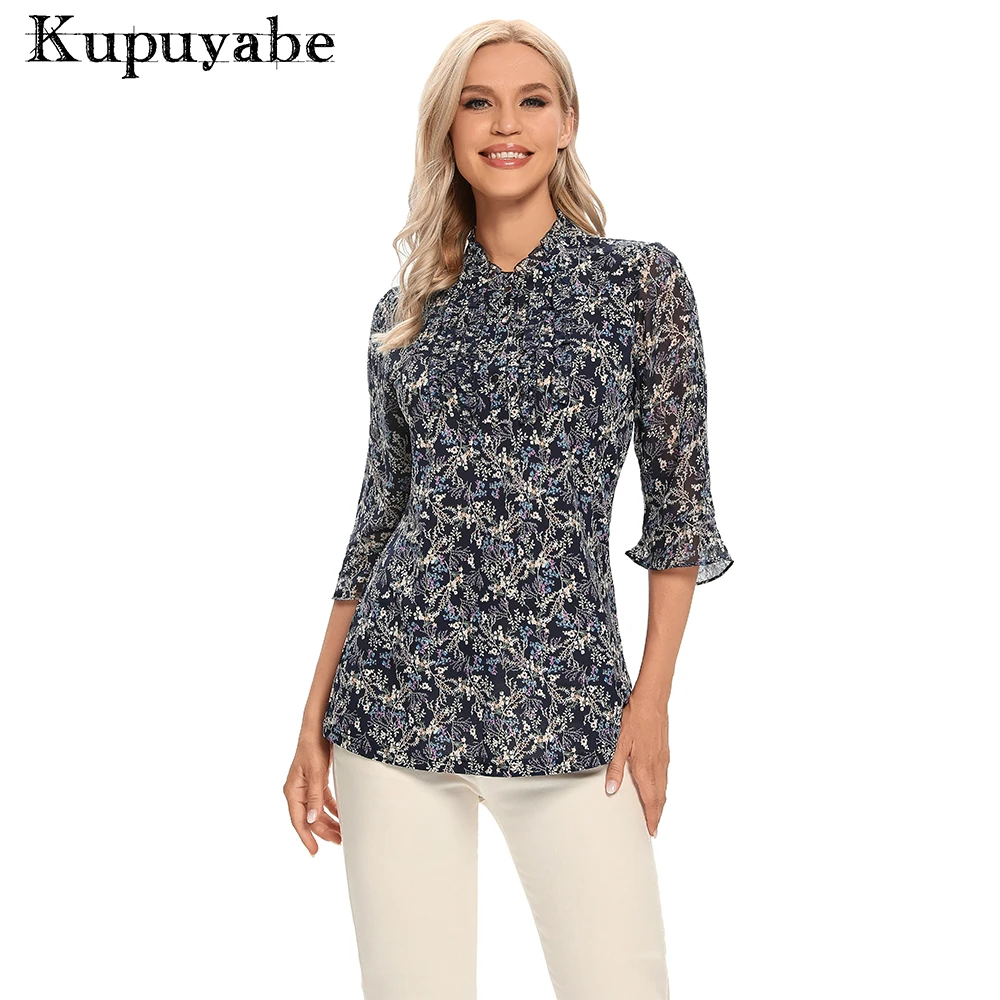 KUPUYABE Womens  T-shirt Polyester Printed Chiffon Shirt with Buttons 3/4 Sleeves Ruffle Collar Breathable Top