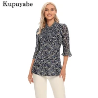 kupuyabe womens t shirt polyester printed chiffon shirt with buttons 34 sleeves ruffle collar breathable top