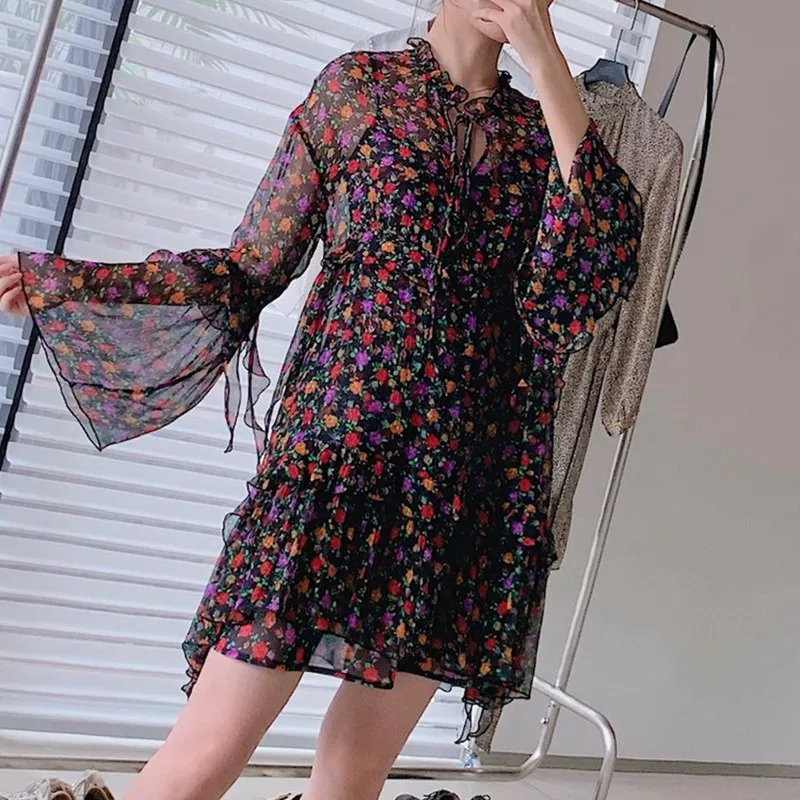 2021 Summer New Women Silk Long-sleeved Small Floral Print Dress Two-piece Set