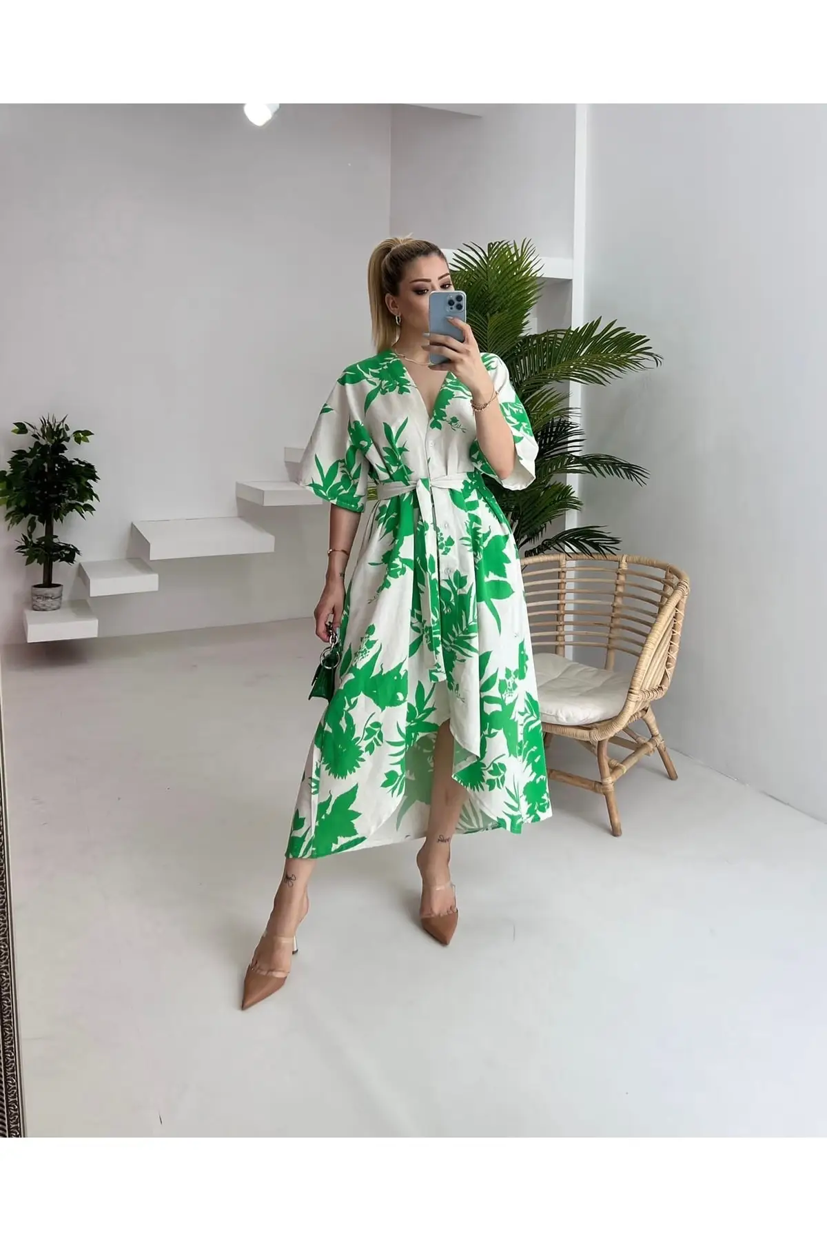 

Linen Kimono Dress Green Clothing