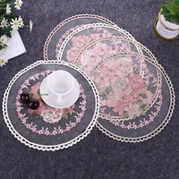 pink color embroidery flowers placemat round wedding party table place mat cup mug dinner tea coaster mat home kitchen decor