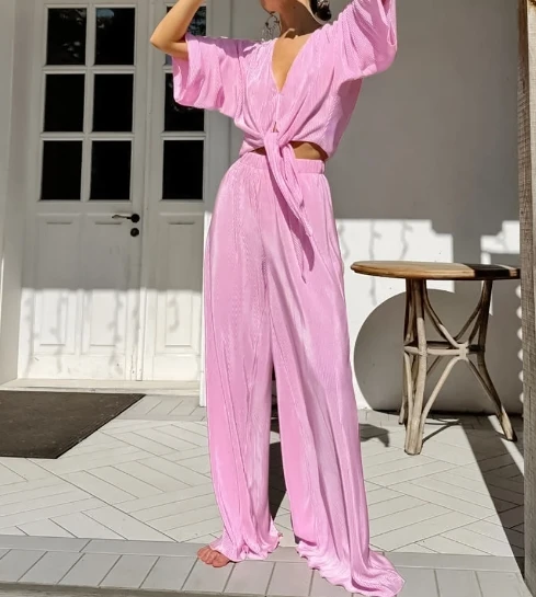 Пикантный дизайнерский плиссированный Розовый Модный Топ с V-образным вырезом и