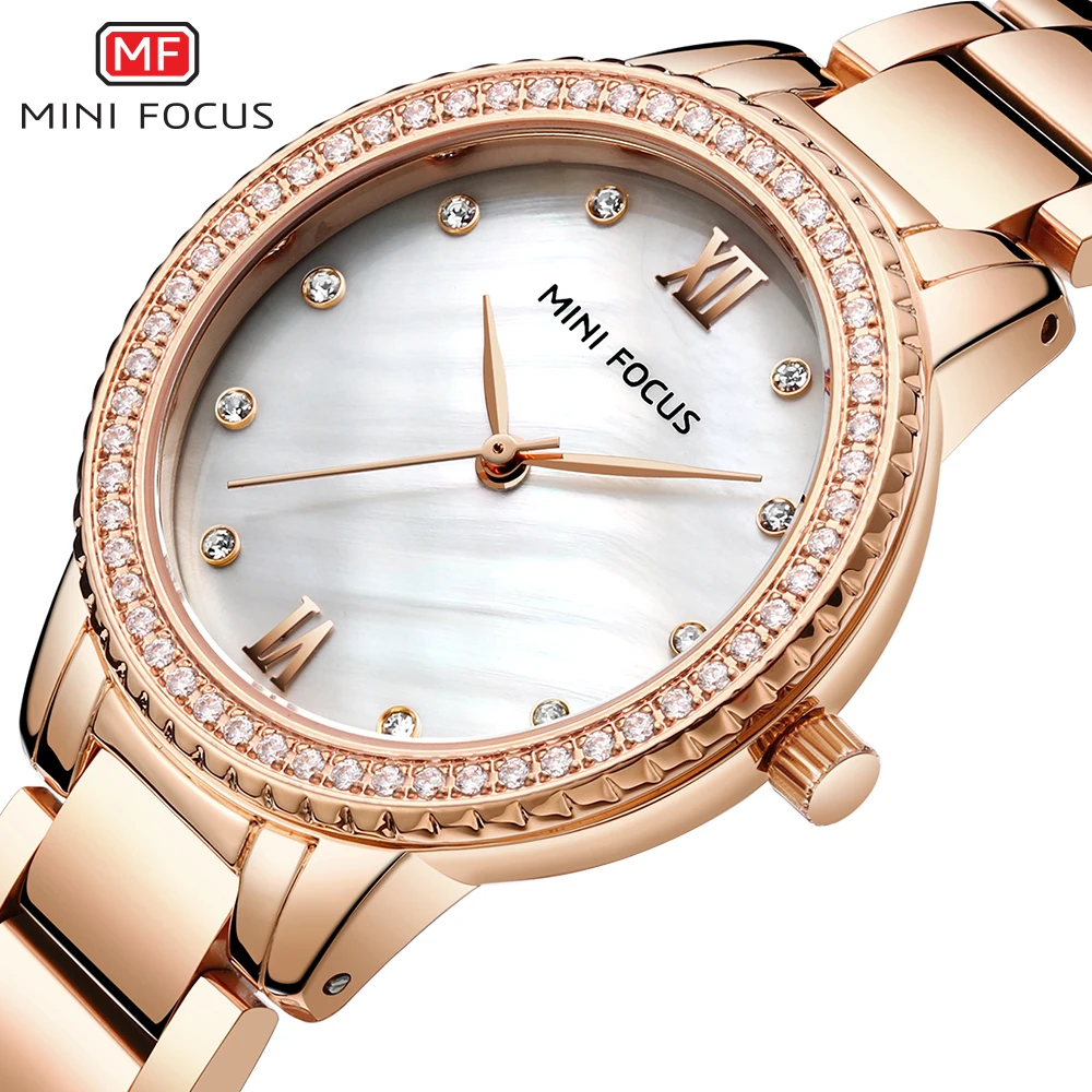 

MINI FOCUS 2022 Luxury Crystal Ladies Wristwatch Nordic Artsy Quartz Rose Golden Elegant Steel Strap Good Gift for Girlfriend