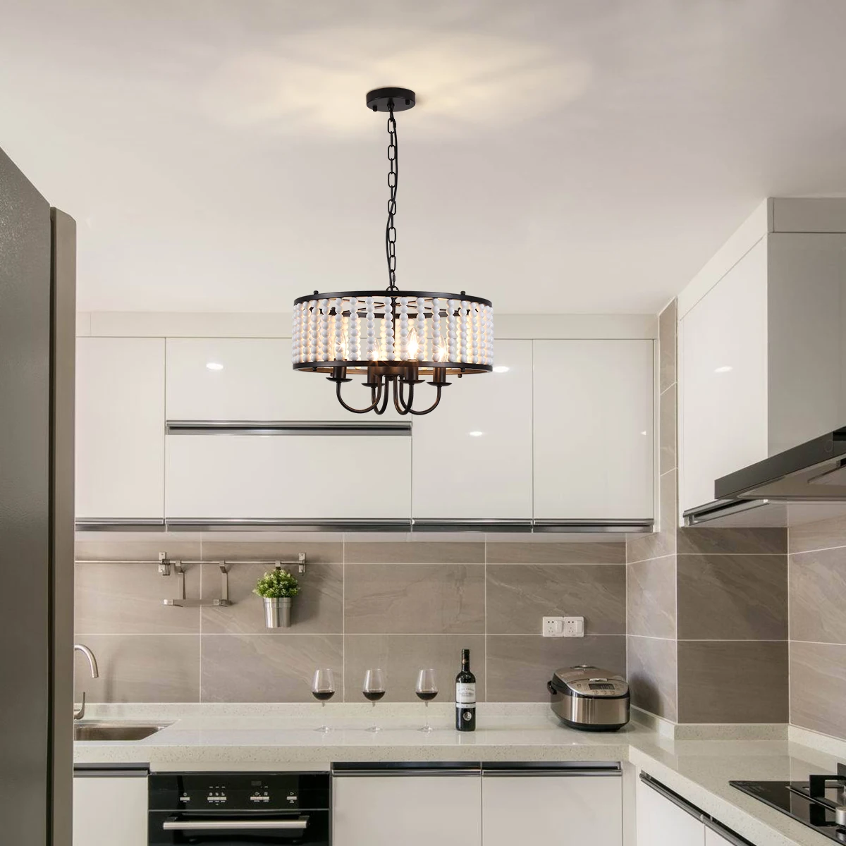 

Chandelier Light Fixture 4-Lights Wood Bead Chandeliers Adjustable Height Modern Farmhouse Pendant Lights for Living Room