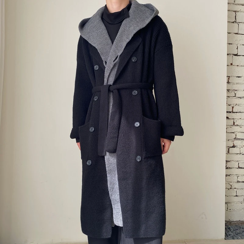 

Мужской свитер SYUHGFA, утепленный Свободный кардиган, вязаное пальто, модное длинное пальто с капюшоном из двух частей, осень