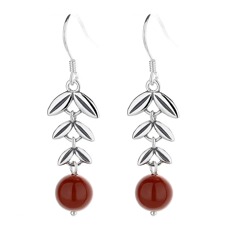 

225RM ZFSILVER S925 Silver Fashion Trendy Design Retro Dangle South Agate Wheat Long Earring For Women Charms Party Jewelry Gift