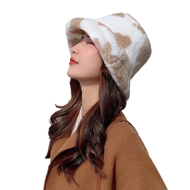 

New Winter Cow Print Plush Bucket Hats for Women