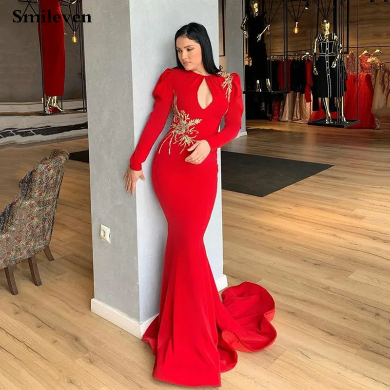 

Smileven Red Soft Satin Mermaid Evening Dress Long Sleeve Saudi Arabia Prom Dresses Dubai Celebrity Dresses Lace Party Gowns
