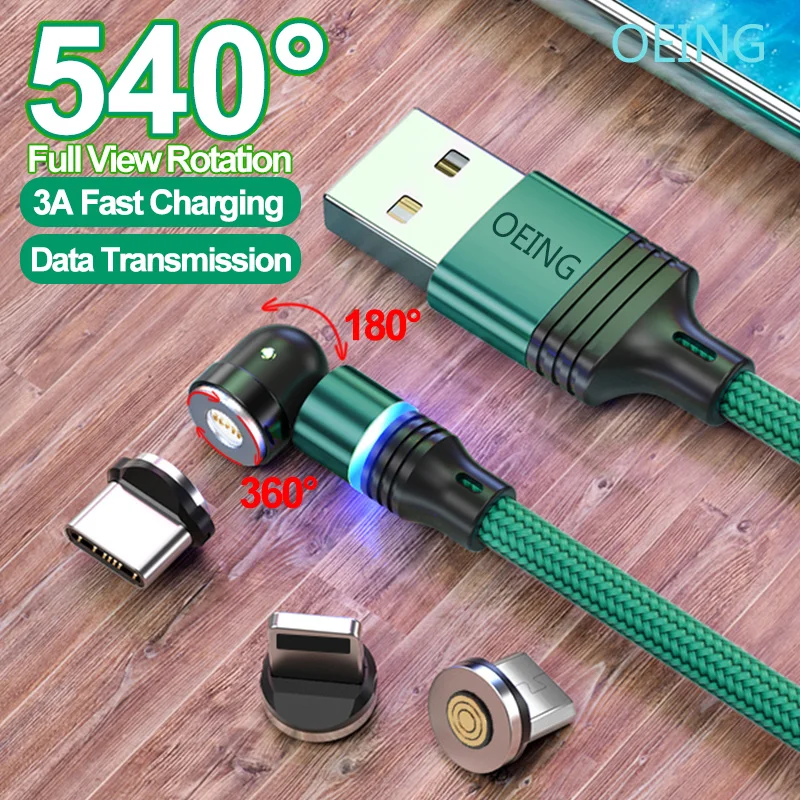 

OEING 540 Degree Roating Magnetic 3A Micro USB Type C Phone Fast charging Cable For iPhone 12 Samsung Xiaomi Charger cable cord