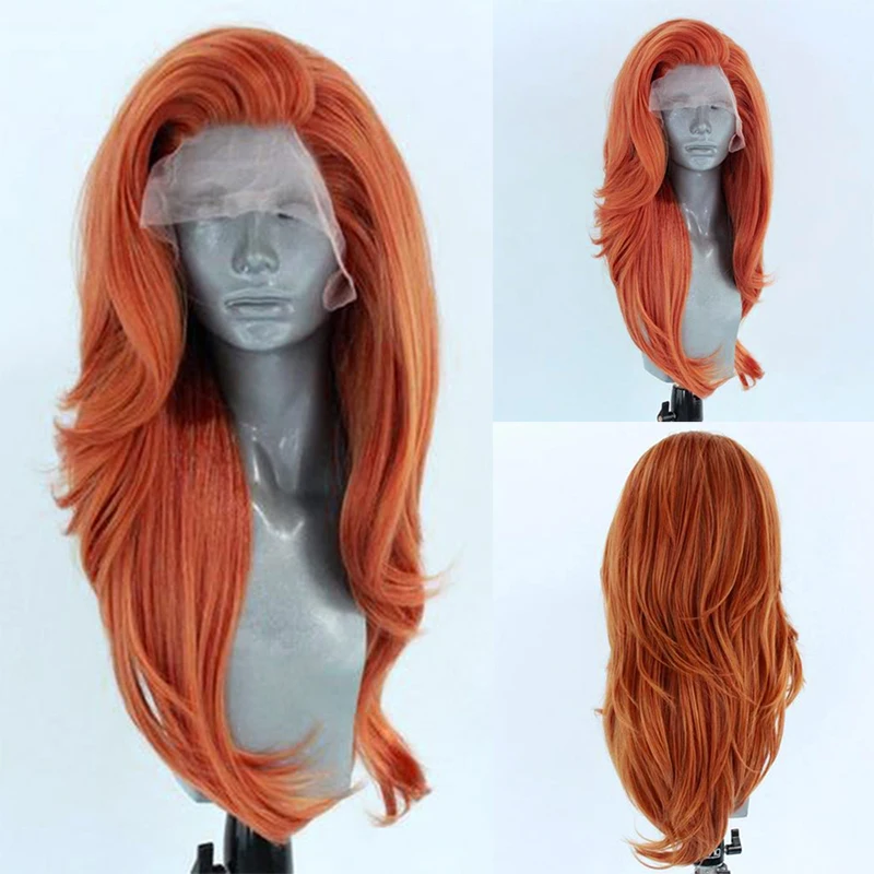 

AIMEYA Orange Long Natural Wavy Wig for Women Girls Pre Plucked Natural Hairline Lace Front Wigs Free Part Daily Wear Wig