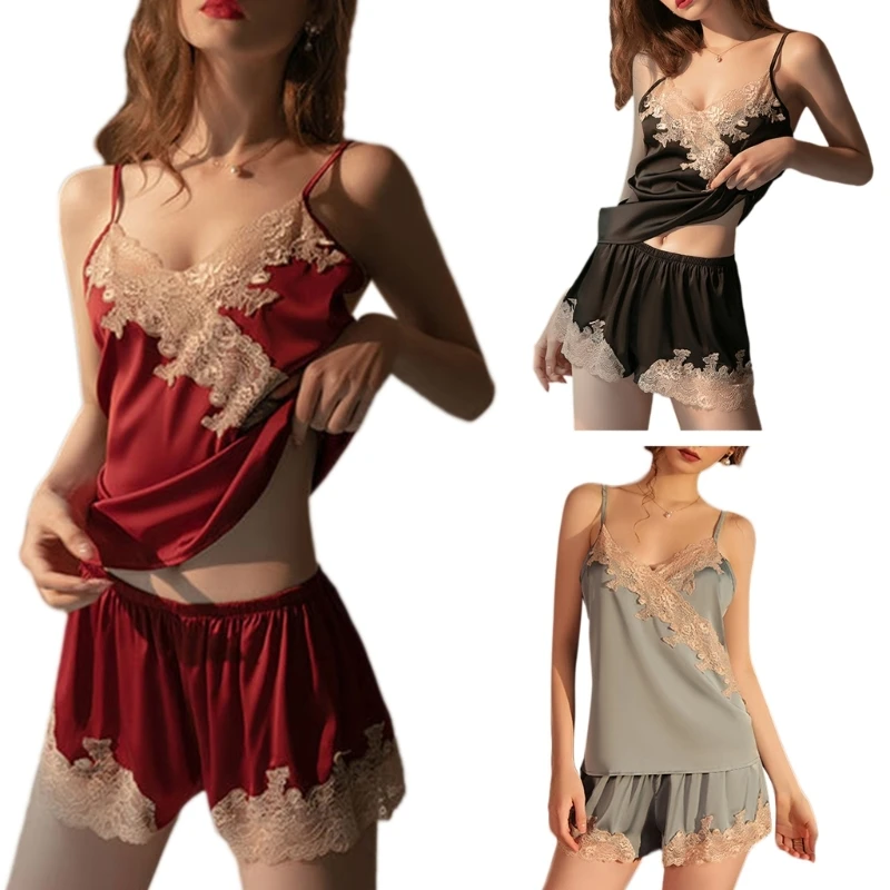 

Womens Pajama Sets Satin Lingerie Sleepwear Sexy Sleeveless V-Neck Cami Top and Elastic Waist Shorts Lace Trim Nightwear