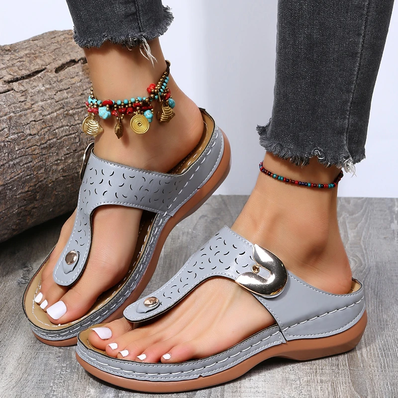 2023 Summer New Flip Flops Women Metal Decorative Characteristic Pattern Platform Sandals with Wedges  Size43 Womens Shoes